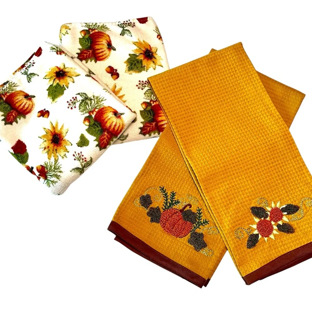 Vintage Fall Autumn Thanksgiving Soft Plush & Embroidered Stitched Hand Towels